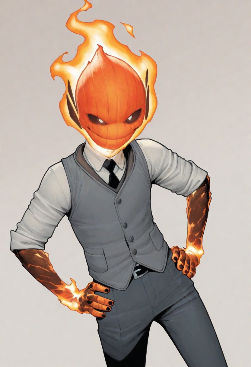 masterpiece, absurdres, high quality, perfect anatomy, 1boy, solo, cute boy, male focus, doyle, Orange Fire, Black Scelera, colored scelera, white shirt, grey vest, belt, sleeves rolled up, smug smile, hands on hips, cinematic, intricately detailed illustration, depth of field, masterpiece, best quality, amazing quality, very aesthetic, absurdres, newest, very awa,  shadow, dynamic angle, casual cosplay, dynamic pose, simple background,