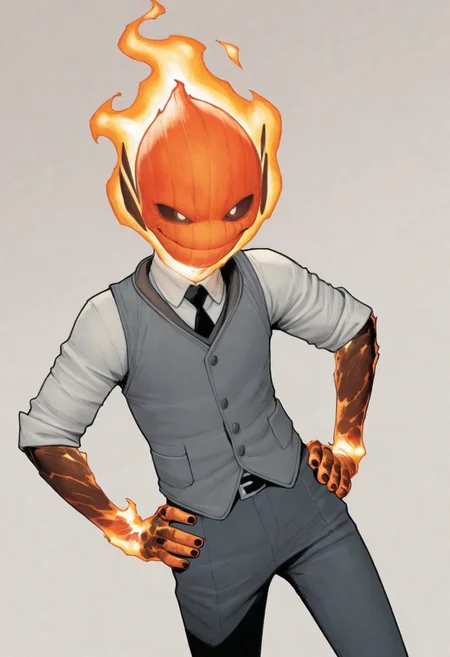 masterpiece, absurdres, high quality, perfect anatomy, 1boy, solo, cute boy, male focus, doyle, Orange Fire, Black Scelera, colored scelera, white shirt, grey vest, belt, sleeves rolled up, smug smile, hands on hips, cinematic, intricately detailed illustration, depth of field, masterpiece, best quality, amazing quality, very aesthetic, absurdres, newest, very awa, shadow, dynamic angle, casual cosplay, dynamic pose, simple background,