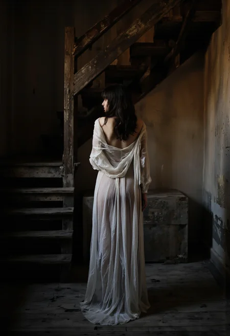 NyxBorne. A black and white photo shoot from behind about a woman standing in a dimly lit room, facing away from the camera, with her back towards the viewer. the woman, who appears to be in her mid-twenties, is standing in the middle of the frame with her full body visible, wearing a sheer white dress that is slipping off her shoulders. her long, dark hair cascades down her back, and she has a slender, toned physique. the room has a rustic, dilapidated appearance with wooden stairs in the background, and the lighting is soft and diffused, casting a warm glow on the woman's figure. the overall mood of the image is mysterious and alluring, with a focus on the subject's figure and the texture of her dress.