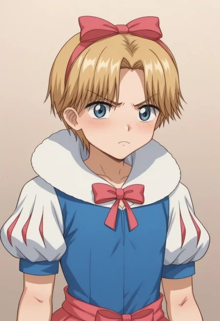 score_9, score_8_up, score_7_up, source_anime, highly detailed,
rukanogi, male focus, 1boy, solo, blonde hair, crossdressing, bow, hair bow, puffy sleeves, cosplay, upper body,
short hair, puffy short sleeves, snow white costume, frown
indoor,