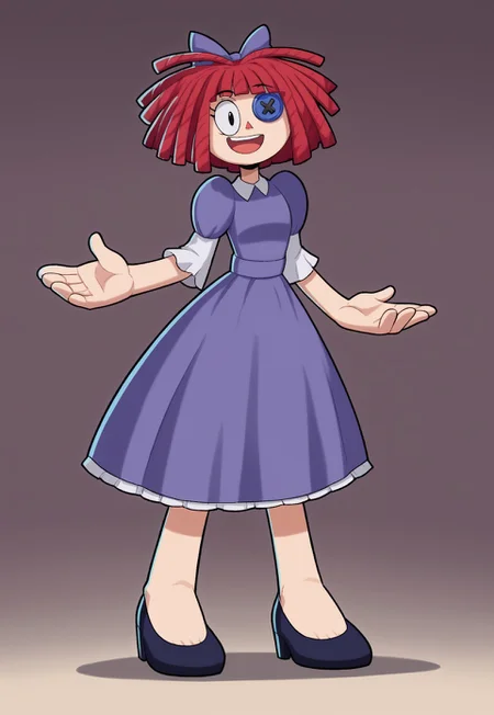 zPDXL, score_9, score_8_up, score_7_up, source_anime, 1girl, solo, 1girl,rag-doll, red yarn-like hair, flat orange triangular nose, blue button eye and black pupil in actual eye, purple bow in hair, purple dress with darker patches, white undershirt, big feet, big shoes, happiness, happy, perfect hands, perfect face, elegant, tall lady, prngs