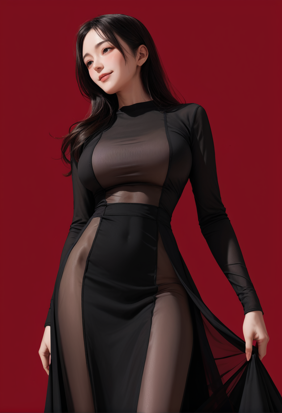 1girl,red background,,ruanyi0926,black dress,long sleeves,side perspective,long skirt,see-through,taut skirt,
cowboy shot,<lora:0926 Home wear 7_v1_pony:1>, score_9, score_8_up, score_7_up, score_6_up, score_9, score_8_up, score_7_up, score_6_up source_anime, blush, 1girl, seduce smile, perfect body , natural huge breasts