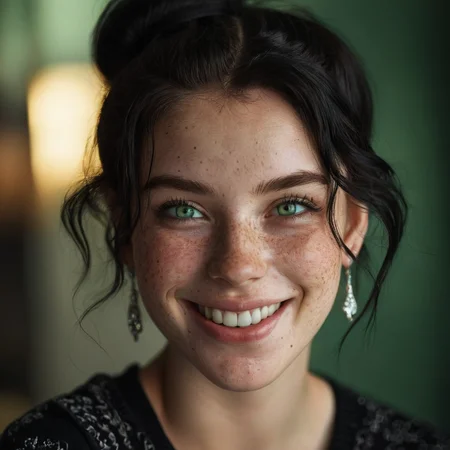Imperfect, beautiful lady, (freckles), big smile, detailed green eyes, detailed iris, black hair in a bun, dark emo makeup, hyperdetailed photography, soft light, in the future, diamond earring <lora:style_lora_realis:0.5>