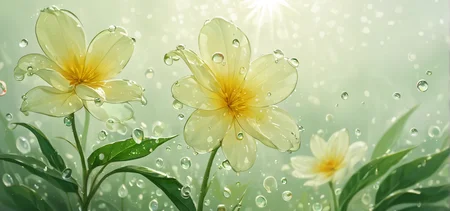 Kim Soo-ja, Realistic, Glass-flowered Dewdrops, Transparent Glass-flowered, Transparent Glass-flowered, Realistically Expressing Flowers, Sparkling Sunshine, One Flower symbolizes breathtaking beauty, Centered in Perfect Composition, Complex Details Showing Unique and Enchanting Elements, Very Detailed Digital Painting, Golden Ratio, Dramatic Lighting, Very Realistic, by Sooja, Pastel Drawing, soft colors, cute proportions, simplified features, comedic effect