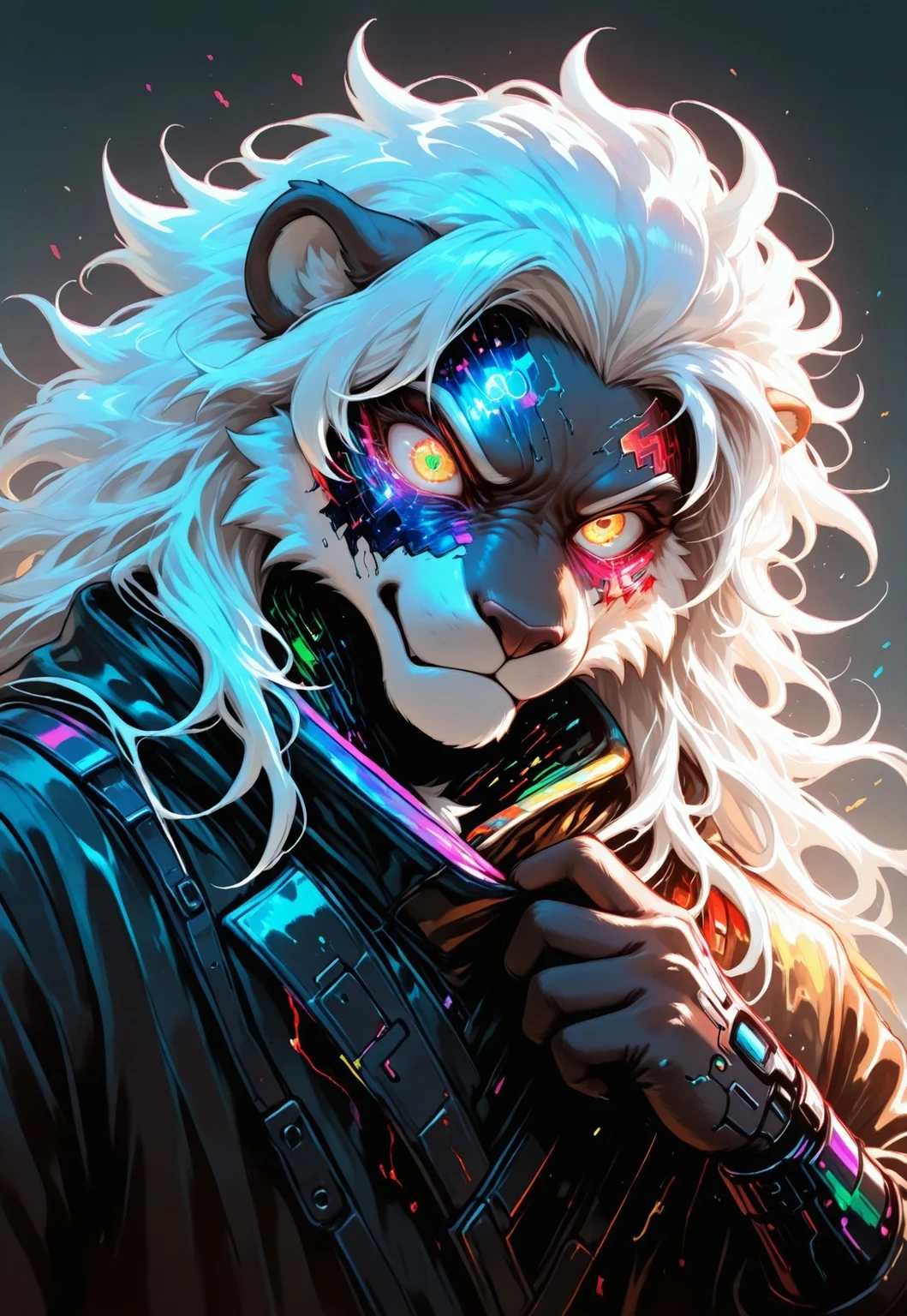 score_9, score_8_up, score_7_up, score_6_up, masterpiece, best quality, amazing quality, colorful, vibrant, very aesthetic, detailed background, absurdres, uhd, 8k, source_furry, Absurd vivid colors, glitch effects, fragmenting body, (intense emotion:1.5), (surreal lighting:1.3), (dynamic close-up:1.4), digital painting, cyberpunk, glitch art, surrealism, highly detailed, dramatic contrast, neon hues, art by Beeple, Jedvvd style, Dutch angle, BREAK, furry, ((solo, 1boy)), Anthro lion, half-body, glitching body, vibrant chaotic colors, golden eyes, long hair, white hair, messy white mane, insanity, intense gaze, insane expression,
