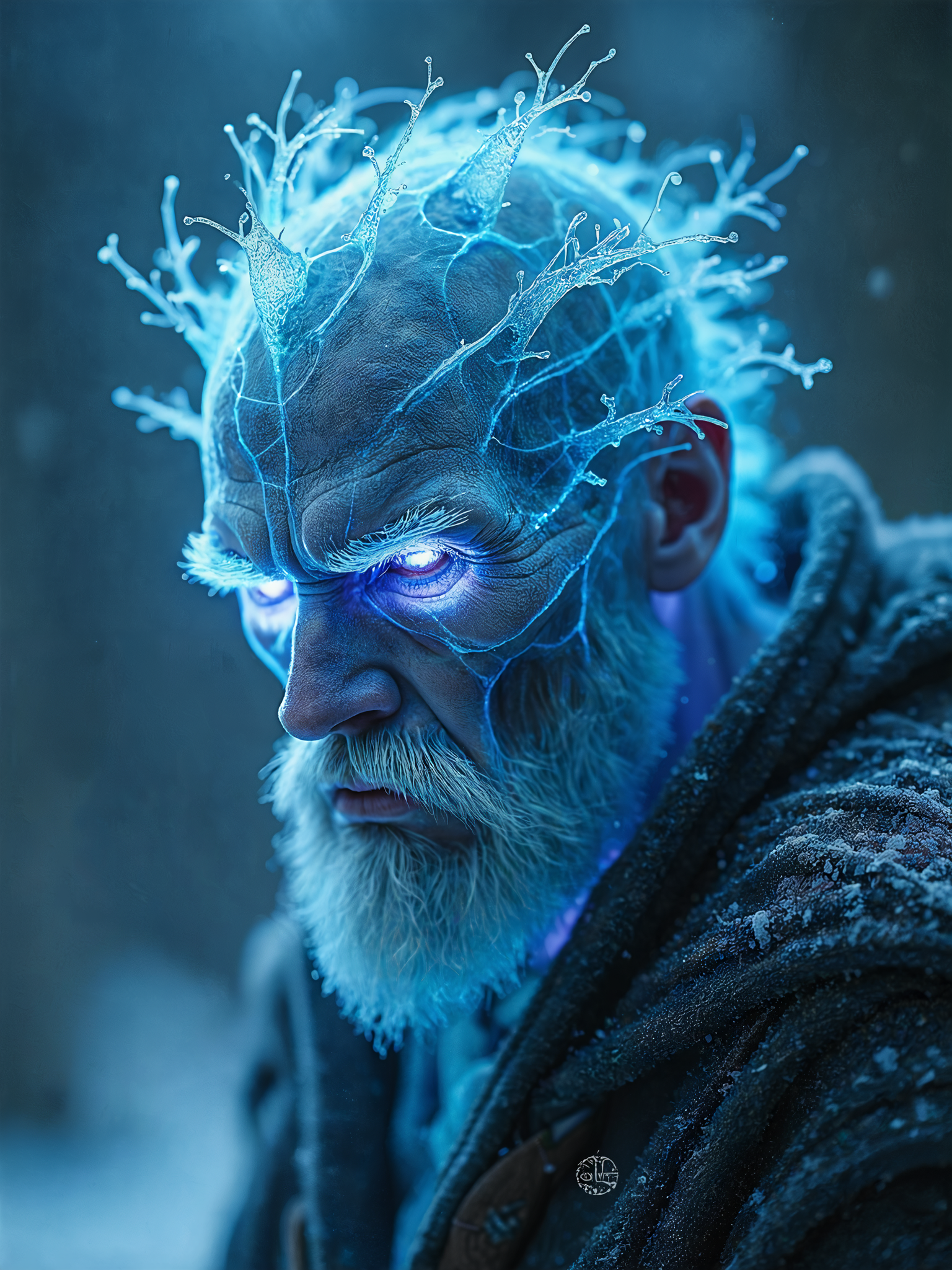 A symmetric portrait of a male, evil frozen necromancer, features dissolving into frozen magic thin, luminescent blue lines. Weighted Voronoi stippling and laser caustics create a network, transitioning from hyperrealistic detail to abstract, quantum-inspired forms. Ethereal hues blend, evoking existential transition and mystery. Close-up on face, evil skull partially visible. Set against a twilight arctic backdrop, icy winds ripple through his tattered robes. Rendered in a fusion of photorealism and digital surrealism, the scene is illuminated by ghostly Northern Lights. Emphasis on cold, menacing atmosphere, invoking Nordic myths