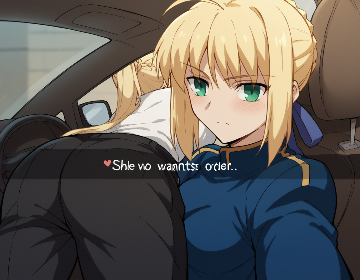 score_9, score_8_up, score_7_up, source_anime, <lora:artoria-pendragon-zero-ponyxl-lora-nochekaiser:1>, artoria pendragon, artoria pendragon (fate), saber, long hair, blonde hair, ponytail, ahoge, medium breasts, <lora:he-wants-to-order-ponyxl-lora-nochekaiser:1> he wants to order, he wants to order (meme), drive-thru, snapchat, side-view mirror, car interior, car seat, steering wheel, car interior, three quarter view, lying on person, selfie, 1boy, ass, pants,, blush,,