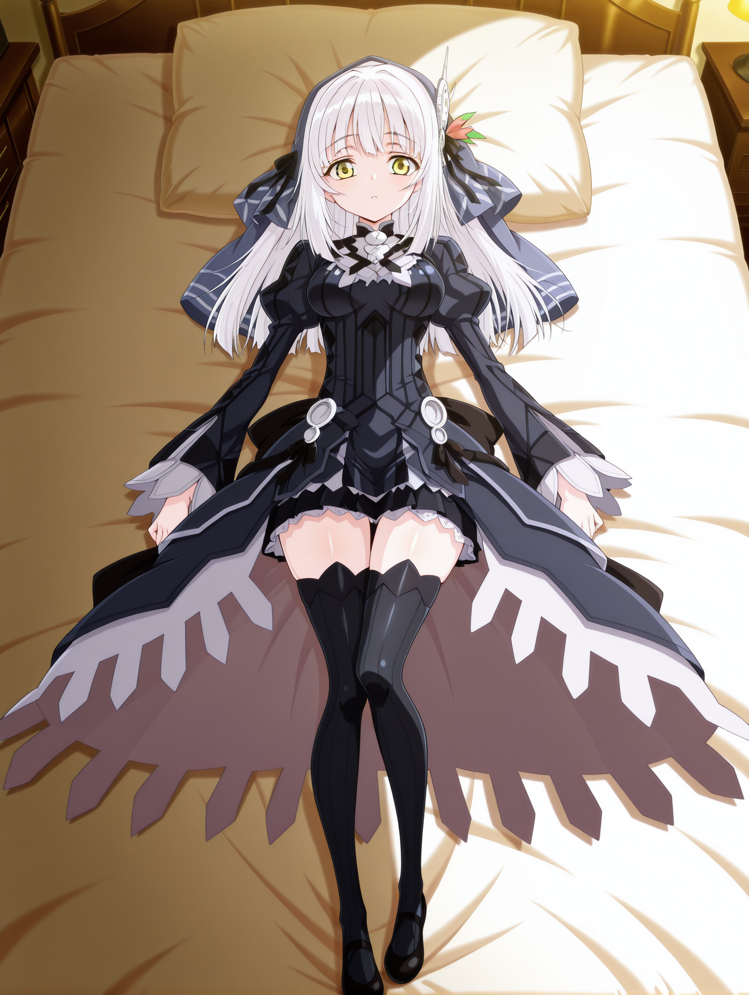 masterpiece,best quality,amazing quality, 1girl, ryuzu, long hair, yellow eyes, white hair, hair ornament, bangs, dress, ribbon, veil, hair ribbon, long sleeves, thighhighs, black thighhighs, black ribbon, zettai ryouiki, anime coloring, looking at viewer, full body, on the bed, lying down <lora:RyuZU:1> <lora:restrained_by_ring:0.9>