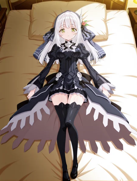 masterpiece,best quality,amazing quality, 1girl, ryuzu, long hair, yellow eyes, white hair, hair ornament, bangs, dress, ribbon, veil, hair ribbon, long sleeves, thighhighs, black thighhighs, black ribbon, zettai ryouiki, anime coloring, looking at viewer, full body, on the bed, lying down <lora:RyuZU:1> <lora:restrained_by_ring:0.9>