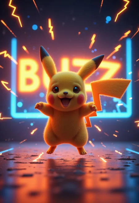 anime, cyberpunk,A cute digital artwork of Pikachu playfully jumping in the air, surrounded by tiny glowing sparks of electric energy. The word "BUZZ" is faintly visible in the background, illuminated in bright orange and blue neon. The 3D rendering enhances Pikachu’s soft fur and expressive eyes.