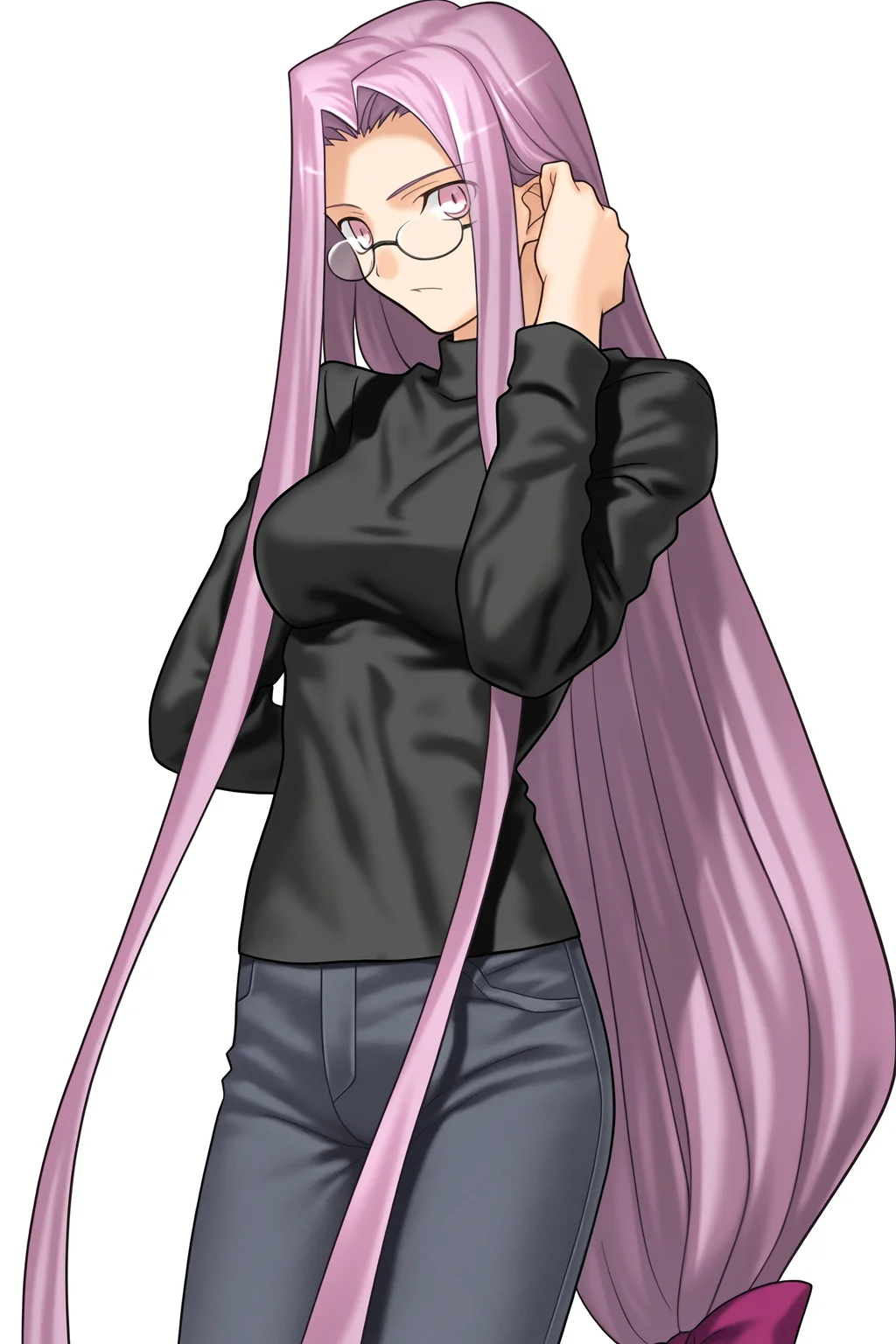 fatesnha, oekaki, 1girl, solo, long hair, long sleeves, very long hair, purple hair, glasses, pants, official alternate costume, pink eyes, sweater, turtleneck, transparent background, denim, low-tied long hair, jeans, adjusting hair, medusa \(fate\), medusa \(rider\) \(fate\), 
(masterpiece, best quality, absurdres, highres, newest, very awa:1.2), 