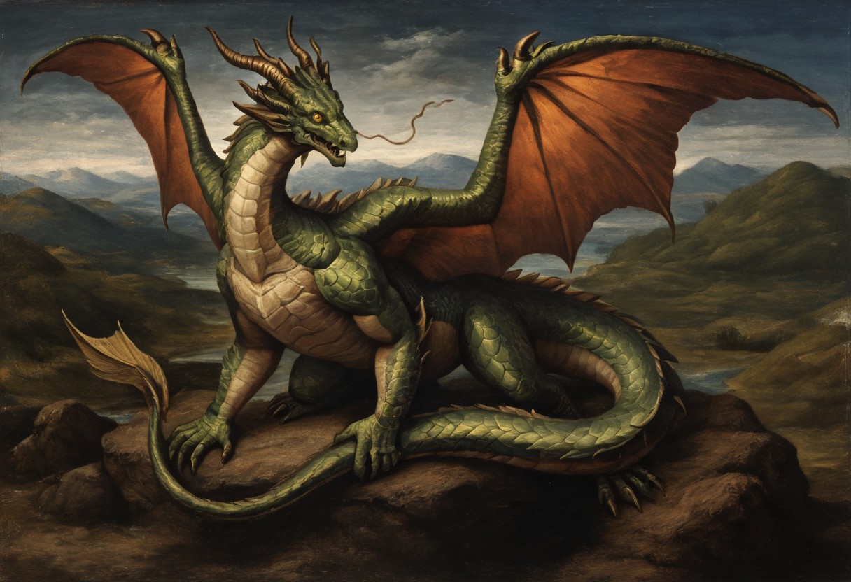 masterpiece, best quality, newest, absurdres, highres, 
ROPV1.0, fine art, fine art. parody, oil painting, traditional media,
monster, no humans, dragon, wings, tail, wings, dragon wings, dragon horns, horns, multiple horns, green scales, yellow eyes,