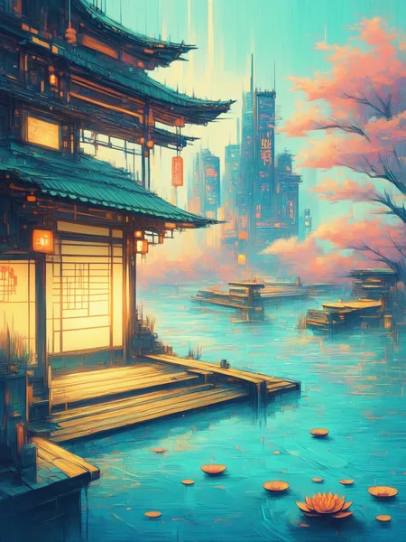 score_9, score_8_up, score_7_up, pony, water lily and japanese bridge, cyberpunk <lora:Neon_Cyberpunk_Impressionism_Pony:1>