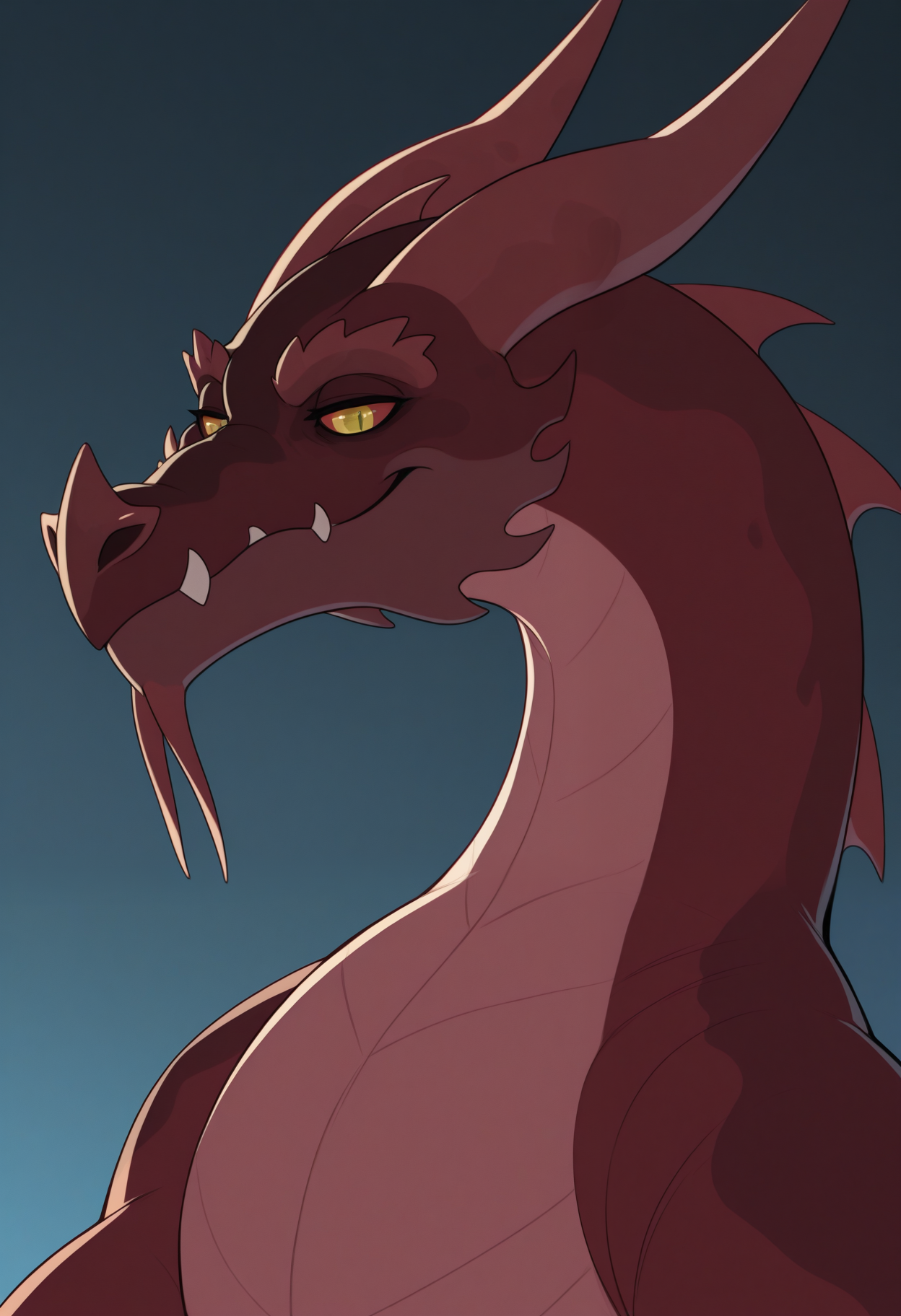 masterpiece,best quality,amazing quality, 1boy, solo, B4lthr0m4w, wyvern, colored sclera, yellow eyes, close up, side angle, smirk,