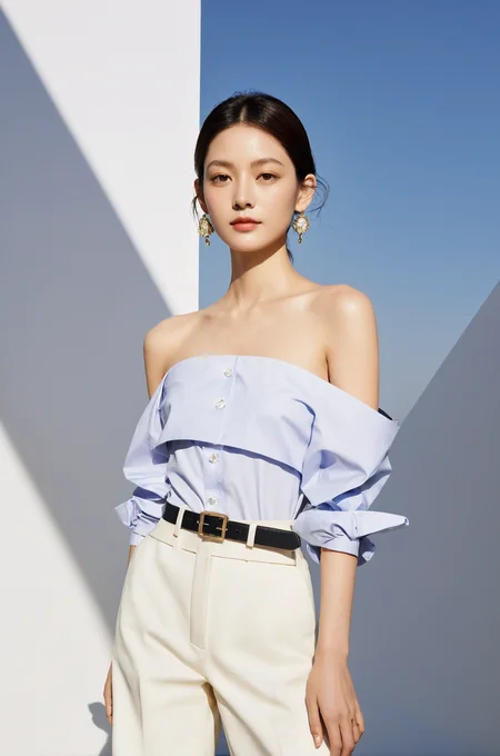 dior style,1woman is standing in the simple background,Off shoulder shirt,upper_body,looking_at_viewer,The sunlight shines in during the day,