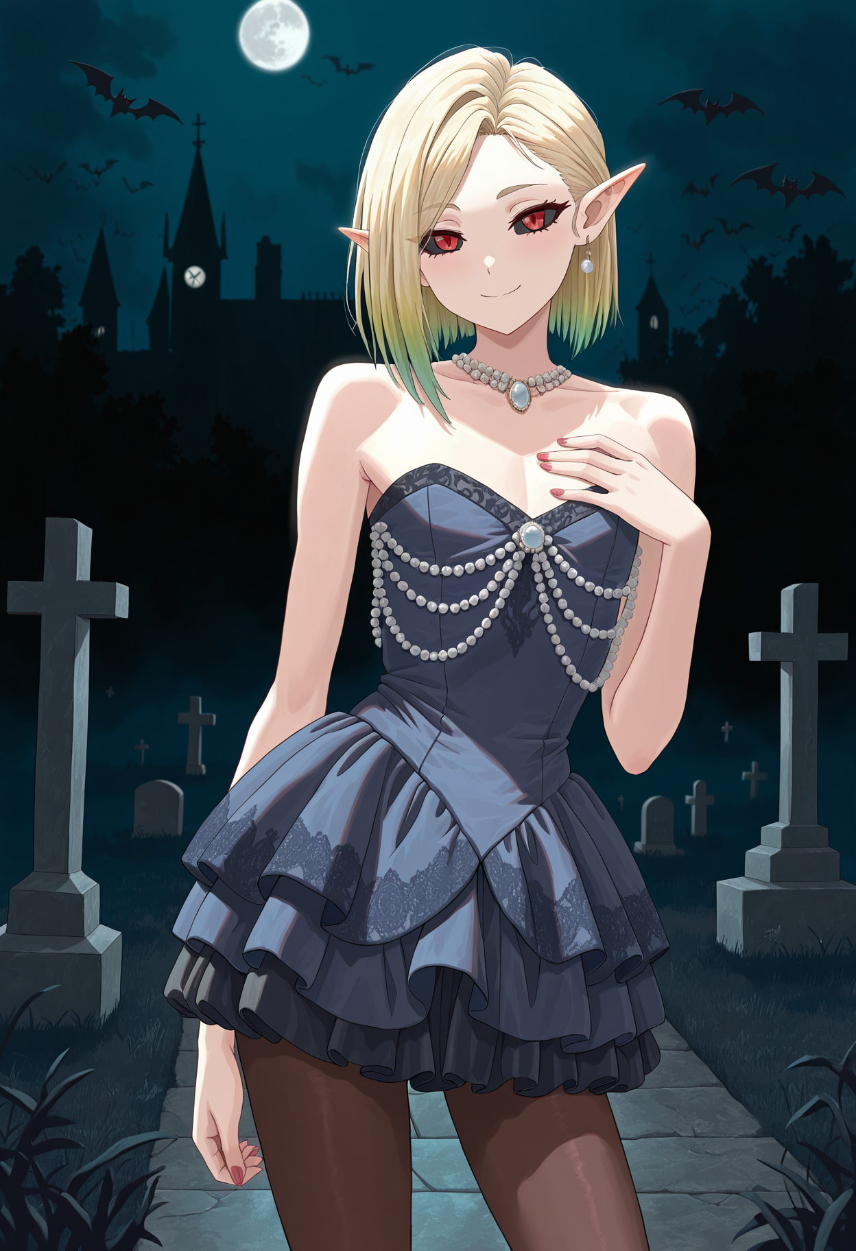 solo,1boy, flat chest, trap, pointed ears, small eyes, black sclera, red eyes, bob hair, ((blonde hair), green hair, gradient hair), skinny, bangs,
pantyhose,
cemetery, fog, moon, bats,gothic mansion, low light, dramatic lighting, darkness, dark background, contrapposto, gothic,
cowboy shot, smile, looking at viewer, hand on chest,
<lora:godavianashortvictoriandressIL:1.4>, godavianavictoriandress1,  jacquard dress, strapless, short dress, puffy skirt, sleeveless dress, frills, lace, navy blue dress, pearl (gemstone), jewelry,
masterpiece,best quality,amazing quality,    <lora:FunatsuKazukiIL-style:0.8>,