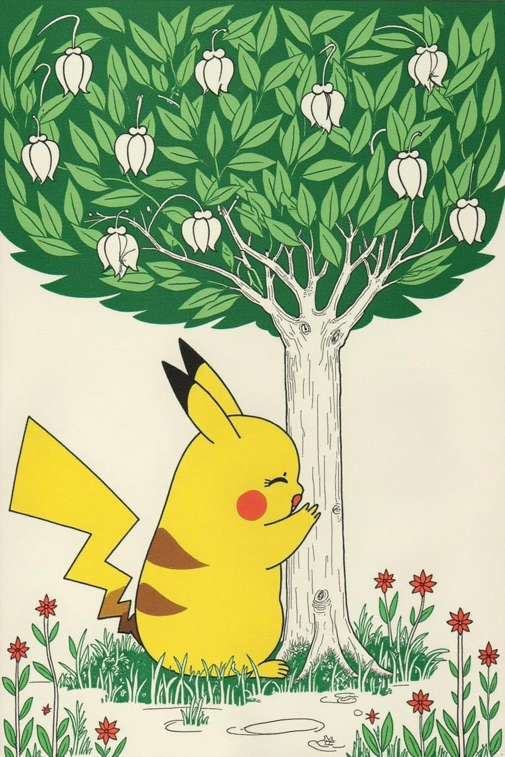aubea1 illustration. Pikachu crying under a green tree <lora:aubea2_cap_d6a3:1.0><lora:823905487935346189:0>