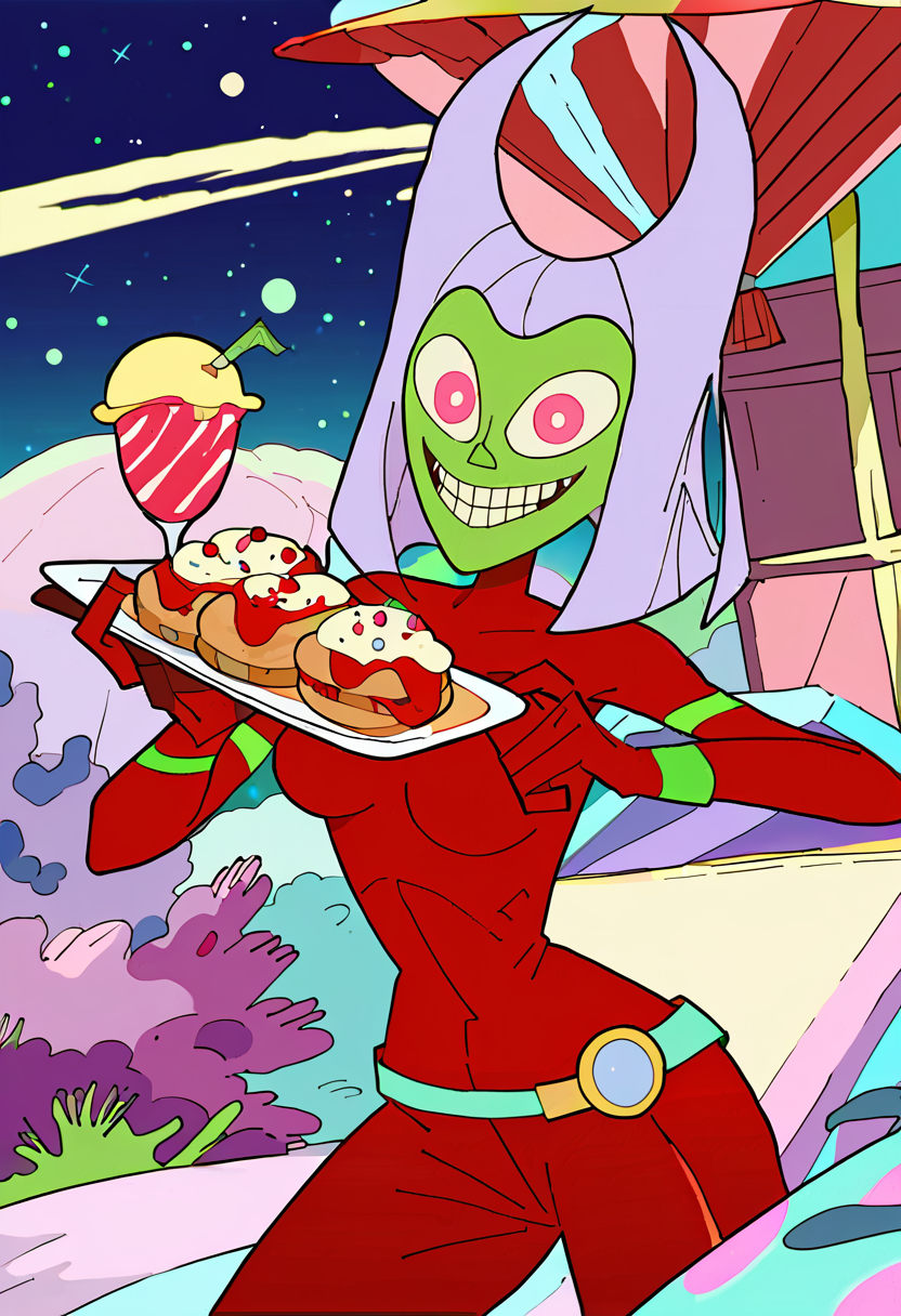 <lora:TwelveForever_ButtWitch_Pony:1.0>, butt witch \(regular\), holding food, evil smile, twelve forever, 1girl, solo, colored skin, red bodysuit, dystopian landscape, masterpiece, best quality, score_9, score_8_up, score_7_up