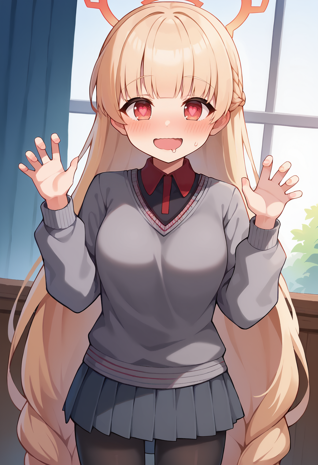 score_9, score_7_up, hd, (ultra hd quality details), source_anime, indoors,
solo, 1girl, nodokaba, halo, braid,
ndbadef, very long hair, grey sweater, long sleeves, collared shirt, black shirt, black pantyhose, grey skirt,
looking at viewer, blush, smile, open mouth, female pervert, drooling, heart-shaped pupils, wavy mouth, 
dutch angle, standing, hands up,
<lora:_nodokaba-elesico-pony:1>
