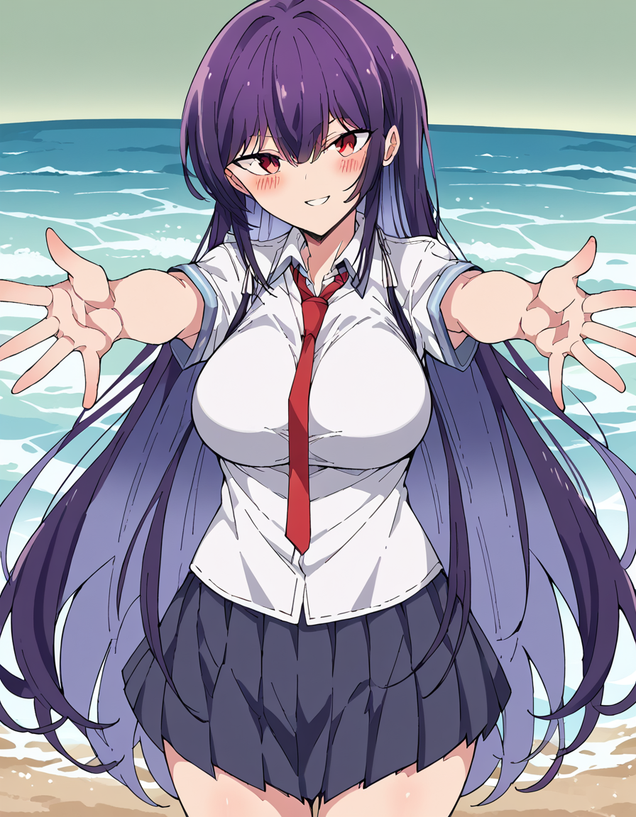score_9, score_8_up, score_7_up, source_anime, <lora:takane-takamine-trailer-ponyxl-lora-nochekaiser:1>, takane takamine, long hair, red eyes, purple hair, large breasts, bangs, very long hair, hair between eyes, skirt, necktie, red necktie, school uniform, shirt, white shirt, pleated skirt, short sleeves, collared shirt, black skirt, miniskirt,, shore, rocks, sand, waves, water, smile, <lora:incoming-hug-ponyxl-lora-nochekaiser:1>, incoming hug, looking at viewer, reaching, reacing towards viewer, outstretched arms,, bedroom, smile, blush, parted lips, looking at viewer, solo,, dutch angle, cowboy shot