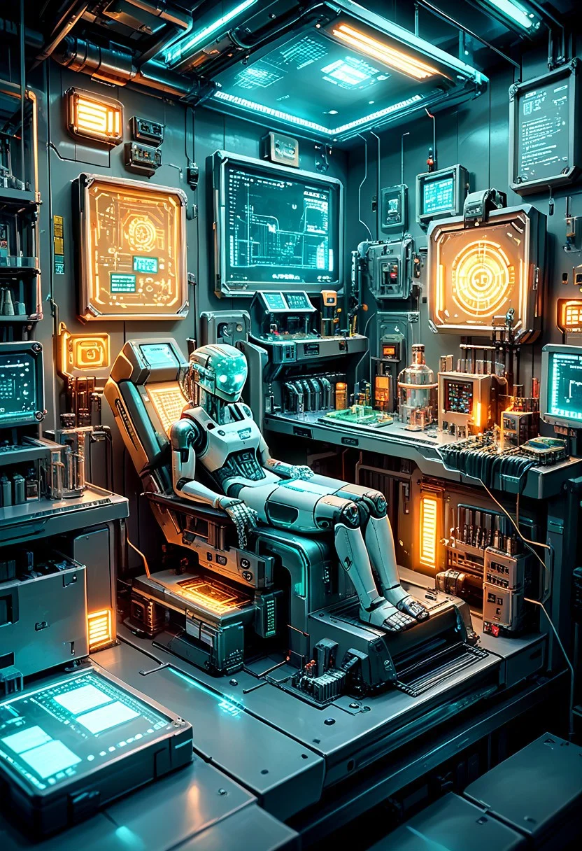 PonyXLV6_Scores , masterpiece, best quality, M1CR0CUB3D Sci-fi lab inside a cube, advanced technology, robotic arms, glowing screens, laboratory equipment, sterile