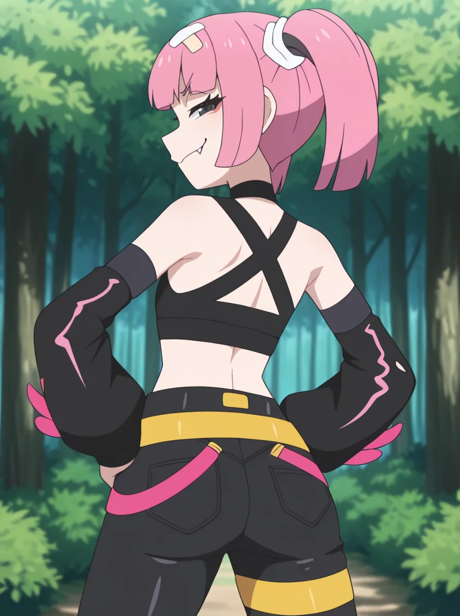 masterpiece, best quality, amazing quality, very aesthetic, absurdres, newest, forest outdoors,
<lora:SangoMegaVoltage:0.7>sangomegavoltage, 1girl, bandaid on head, pink hair, solo, twintails, bangs, fang, detached sleeves, crop top, bare shoulders , from behind looking back, smirk smug torn_pants