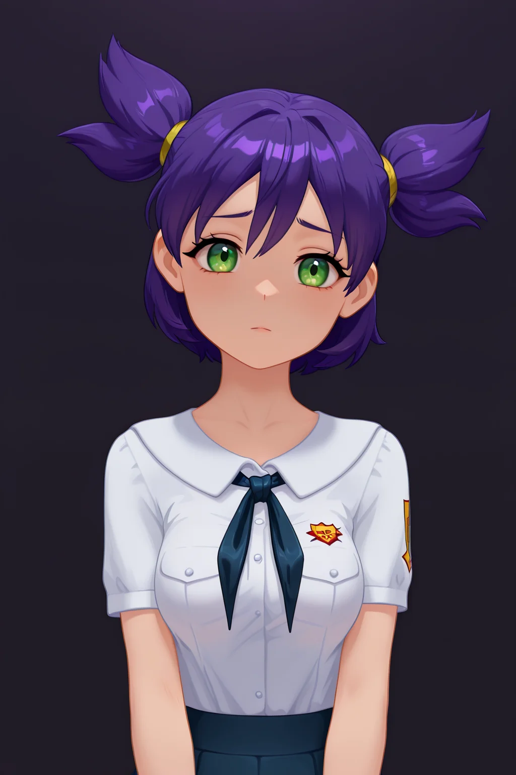 RIIIILF, BTBF, G3NSHIN, 3D, FLenaF, purple hair, green eyes, two pigtails, 1girl, solo, simple background, soft, smooth, very aesthetic, masterpiece, best quality, amazing quality, 8k, ultra-HD, high detail
