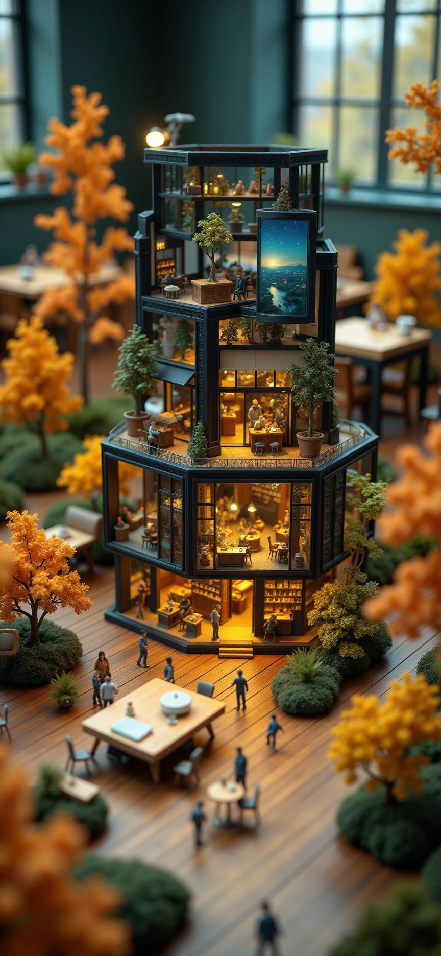 (indoors,indoor,isometric view,side view,tilt-shift lens:2), (fna_style,miniature,miniature,diorama,miniature,diorama,PVC,plastic:2),starry night,autumn giant (multi layers of museum with cafe hexagonal vertical:2.5) is located center, people, (in wooden square plate:3) (on table at study:3) <lora:Fantasy_Novel_Art_Style:1> <lora:Rostpunk:0.3>