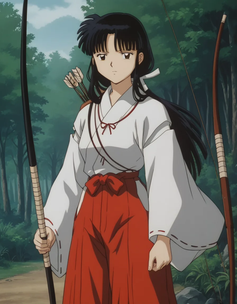 score_9, score_8_up, score_7_up, source_anime,
inuyashakikyou, <lora:inuyasha-kikyou-ponyxl-lora-nochekaiser:1>,
kikyou, long hair, black hair, brown eyes, sidelocks, himecut, retro artstyle,
skirt, long sleeves, japanese clothes, hakama, hakama skirt, miko, red hakama,
outdoors, forest, nature, holding, weapon, holding weapon, bow \(weapon\), arrow \(projectile\), holding bow \(weapon\), aiming, holding arrow, drawing bow, archery,
looking at viewer,