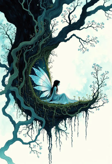 Studio Ghibli Dark Fairytale, An ethereal Art Nouveau ink illustration in a monochrome turquoise and deep blue palette: A fairy rests gracefully in a nest-like kobel, cradled high within the branches of an ancient tree. The kobel is intricately woven from moss, twigs, and delicate tendrils, forming a harmonious, organic shape. The fairy’s slender, flowing figure is adorned in a gown of delicate, flowing fabric that ripples with intricate Art Nouveau patterns, interlaced with vines and blossoms. Her translucent wings shimmer with subtle turquoise and dark blue tones, curling and extending in elegant, ornamental lines, reminiscent of the natural world’s graceful curves. Her long, dark hair cascades in soft waves, entwined with tendrils and tiny flowers that add to her ethereal appearance. The surrounding branches of the tree curve and twist in elegant, decorative spirals, framed by fluid, sinuous lines that embody the Art Nouveau aesthetic. The air is filled with a soft, swirling mist, subtly glowing with faint turquoise light, giving the scene a dreamlike quality. Monochrome ink illustration, with meticulous, decorative linework, capturing the timeless elegance and mystical atmosphere of Art Nouveau, where nature and the fantastical are seamlessly intertwined. slomesty