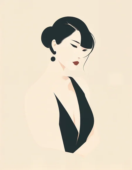 minimalistic, flat colors, simple, 1girl, side silhouette, pretty face, black bun hair, huge breasts, huge nipples, simple background