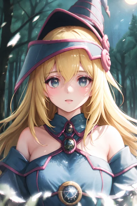 dark magician girl, mksks style, (very detailed background:1.0), (highly detailed background:1.0), masterpiece, best quality, (1girl), solo, (forest), long hair, blonde hair, blue headwear, wizard hat, spell casting, nature, trees:1.2, motion blur, magic, (moonlight:1.2), chromatic aberration, depth of field, soft lighting, highly detailed face, highly detailed eyes, <lora:dark_magician_girl_offset:1>, <lora:dpep2 768:0.7>