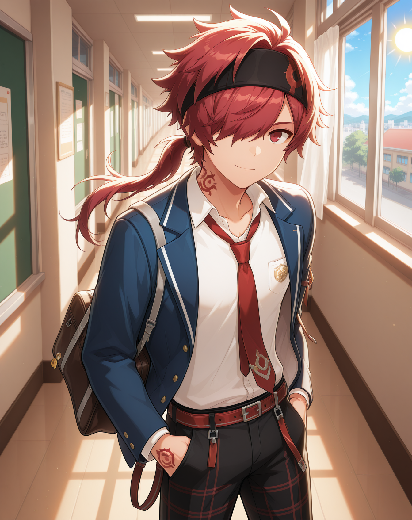 masterpiece,best quality,amazing quality, newest, very aesthetic, absurdres,
1boy, solo, yaoi, male focus, looking at viewer, cowboy shot,
<lora:Elsword_Rune_Master_ilxl:1> elswordrm, red hair, long hair, tattoo,red eyes, ponytail, headband, hair over one eye, hairband,
school uniform, white shirt, collared shirt, blue jacket, red necktie, black pants, plaid pants,
indoors, school, hallway, window, day, sun,
