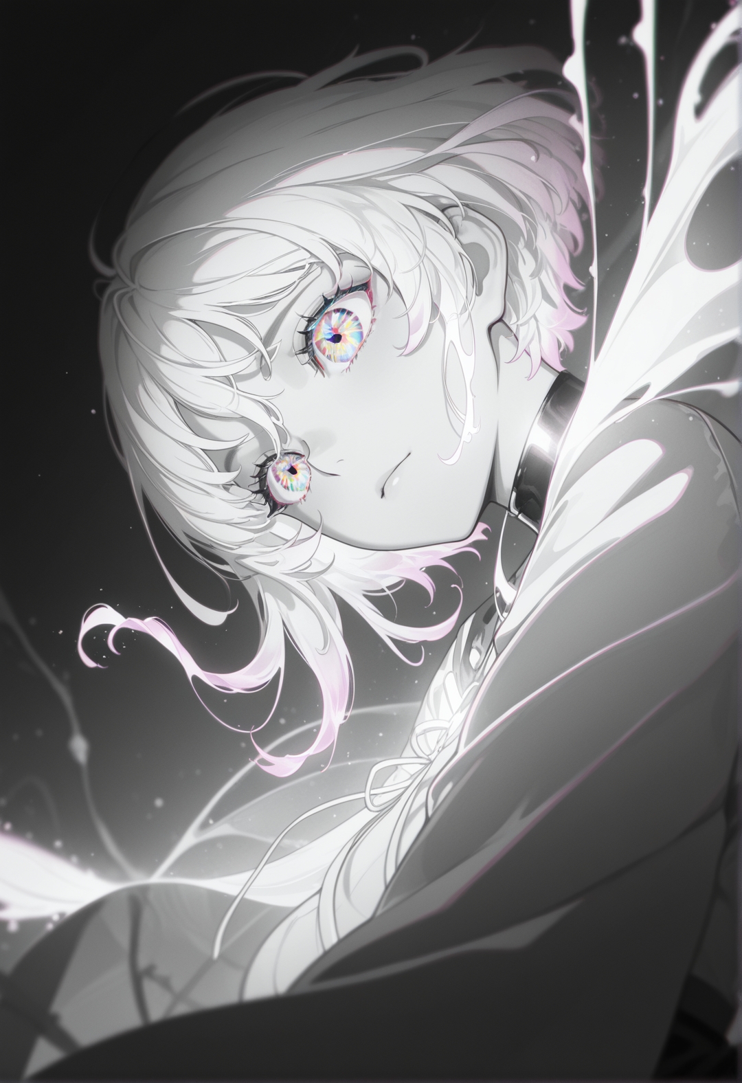 <lora:ck-yoneyama-mai-IL-000014:1>, masterpiece, best quality, good quality, very aesthetic, absurdres, newest, 8K, depth of field, focused subject, 
wabi sabi, woman, colorful eyes, glowing, ethereal, monochrome, manga,
ckym, in the style of ckym,