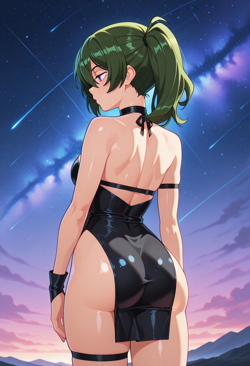 Suoiresnu - NSFW Style, (((1girl, solo))), full_body, perky body, big_booty, cute, perfect_face, beautiful_eyes, shiny eyes, bright eyes, perfect_body, legs and arms, arms to the side, soft skin, (sexy_pose, cute_pose), erotic, standing, dynamic pose, ((masterpiece)), vibrant colors, wallpaper, colorful, stunning, ((body facing away)), looking over shoulder, butt view, butt facing viewer, sweet thighs, expressive face, ((backside view), cowboy shot, shiny skin, starry_sky, outdoors, skindentation, s3x6_t1gh_bl4ck_dr3ss , black dress, tight dress, revealing clothes, ubel,1girl,green hair, bangs,hair between eyes,side ponytail, purple eyes,
