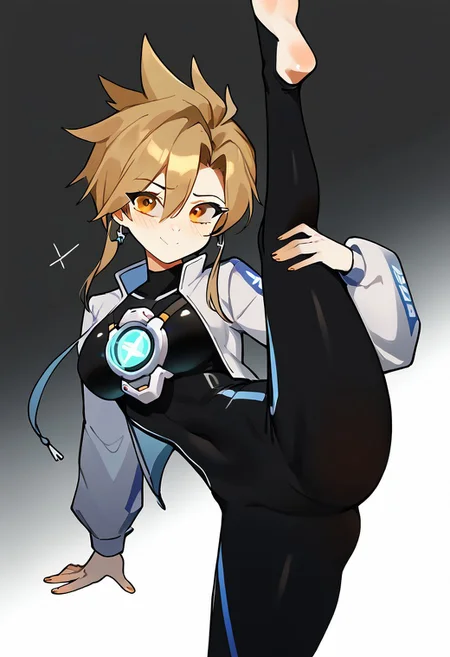 score_9, score_8, score_7_up solo BREAK 
1girl, BREAK medium breasts, seductive look,by yuio, <lora:yuio_style_PONYXL:1>,<lora:Mizah_style:1>,<lora:J.K_Pony_test_v1:1>,
BREAK Tracerkpop  , Tracer (overwatch),looking at viewer,blush,<lora:Lord_Moku:1>  BREAK standing on one leg,standing split,leg hold,leg lift,latex