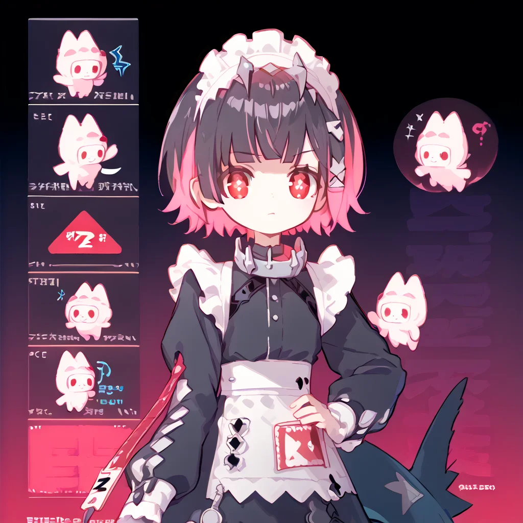 <lora:Berta_Delica:1> black hair, pink hair, multicolored hair, symbol-shaped pupils
<lora:ellen_joe_zzz_xl:0.8> ellen-joe-zzz, red eyes,black hair,short hair,maid headrdess,multicolored hair