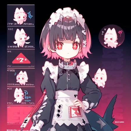 <lora:Berta_Delica:1> black hair, pink hair, multicolored hair, symbol-shaped pupils
<lora:ellen_joe_zzz_xl:0.8> ellen-joe-zzz, red eyes,black hair,short hair,maid headrdess,multicolored hair