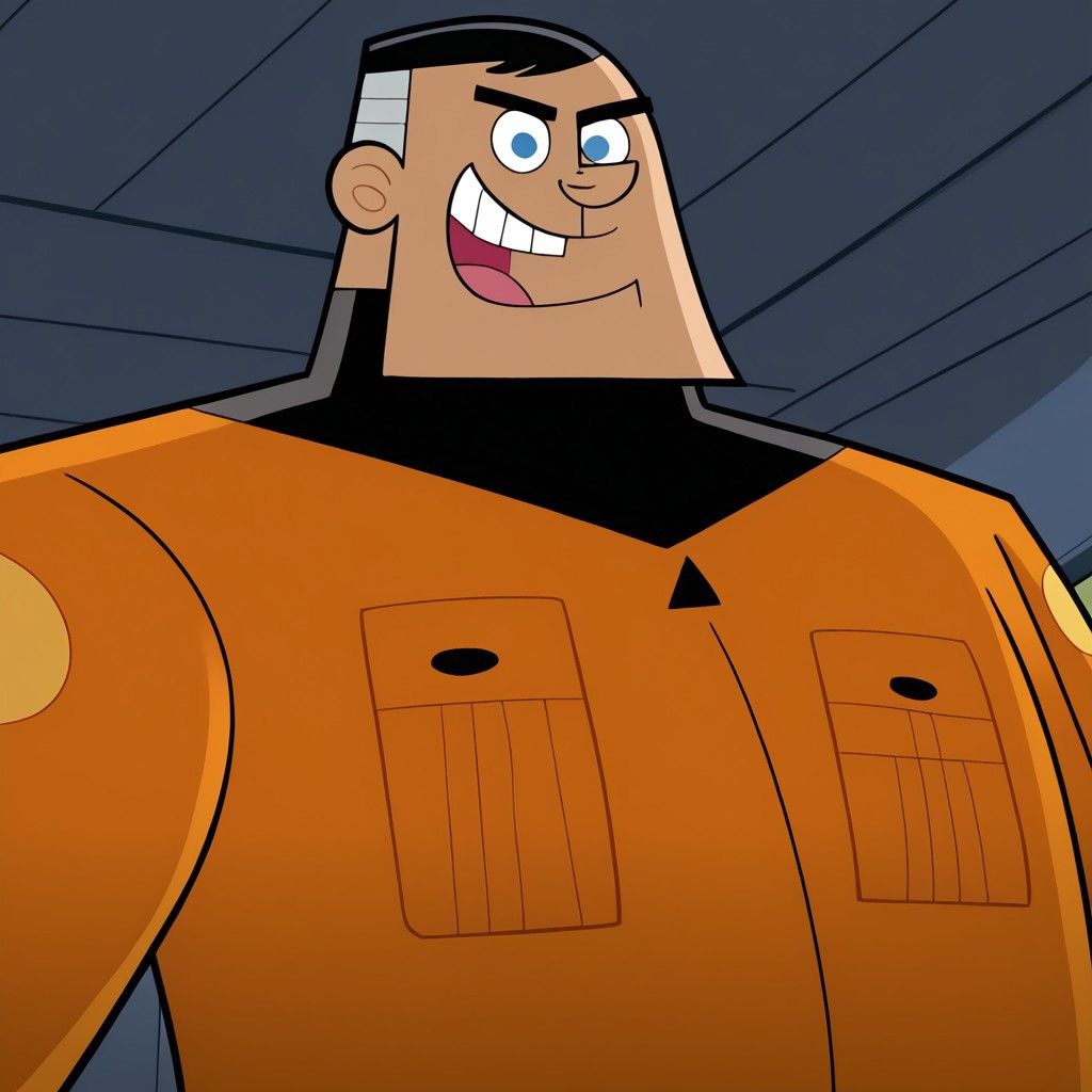 1boy, robust physique, cartoon style, solo, male, broad shoulders, square jaw, round eyes, short black hair, fat, white streaks in hair, orange jumpsuit, black gloves, black boots, black undersuit, utility pockets, tall figure, cartoonish proportions, blue pupils, fat man, 4k, masterpiece, best quality, highly detailed, detail background, closed mouth, happy, He is lying on a couch, with one hand on his belly, in a messy living room, close up, down angle, worm´s eye view, pov
