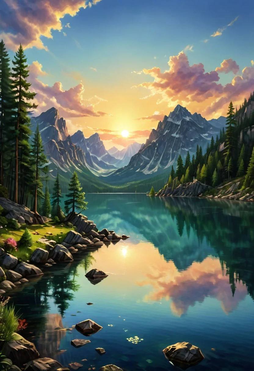 A mesmerizing landscape featuring a serene lake surrounded by tall pine trees and rocky formations. The water reflects the stunning colors of the sunset, creating a tranquil and enchanting atmosphere. In the background, majestic mountains rise under a sky painted with shades of green and blue, highlighted by the setting sun. The scene captures the beauty of nature in a calm and peaceful setting, perfect for a moment of reflection and serenity. oil and watercolor painting, impressionistic realism, csybgh