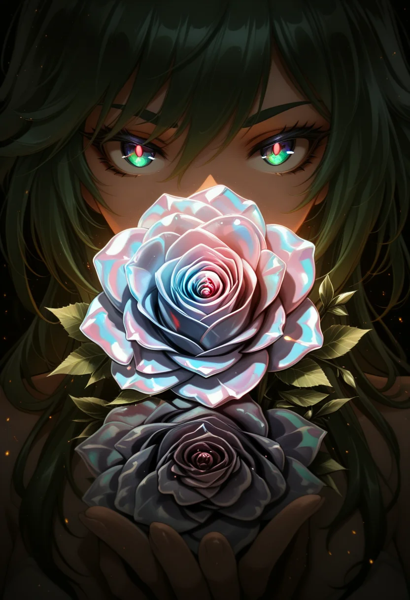 himitsu \(hi mi tsu 2\), reiq,
(very awa, masterpiece, best quality:1.2), general, lineart:1.2, genshin impact,
close-up,plant focus, (Iridescent rose:1.5),
iridescent:1.2, 1r1d3sc3nc3,chromatic abberation, light particles, black background, (shiny, abstract:0.7), underlighting:1.2, reflection, ,
<lora:NOOB_vp1_detailer_by_volnovik_v1:0.7> <lora:1r1d3sc3nc3XL:0,6> <lora:spo_sdxl_10ep_4k-data_lora_webui:1>