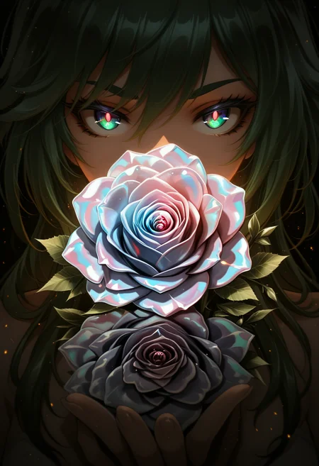 himitsu \(hi mi tsu 2\), reiq,
(very awa, masterpiece, best quality:1.2), general, lineart:1.2, genshin impact,
close-up,plant focus, (Iridescent rose:1.5),
iridescent:1.2, 1r1d3sc3nc3,chromatic abberation, light particles, black background, (shiny, abstract:0.7), underlighting:1.2, reflection, ,
<lora:NOOB_vp1_detailer_by_volnovik_v1:0.7> <lora:1r1d3sc3nc3XL:0,6> <lora:spo_sdxl_10ep_4k-data_lora_webui:1>