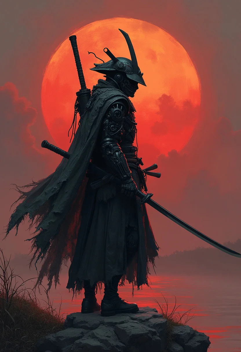 Painting of a dark Cyborg samurai infront of moody sundawn
