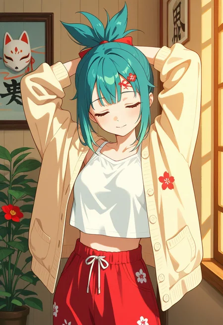 anime girl, teal hair tied in ponytail, fox mask with kanji character (忍) on forehead, stretching with arms behind head, soft smile, closed eyes, morning light, inside a cozy bedroom, white crop top, loose cardigan with red flower print, high-waisted red pants with bow, cute and casual outfit, gentle soft lighting, warm color palette, peaceful morning vibes, background plant, framed picture on wall, anime style, highly detailed, pastel tones