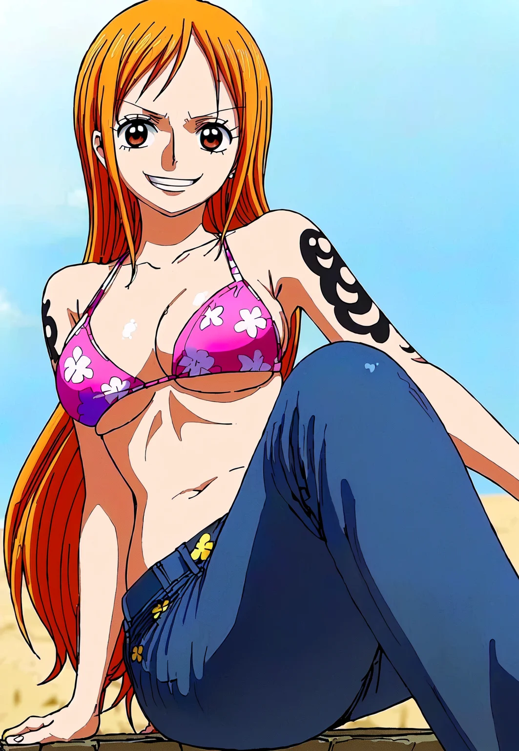 1girl, wanostyle, nami, ((masterpiece)), ((best quality)), extremely detailed, bloom, illustration, bikini, jeans trousers, depth of field, sweet smile, happy, dark intense shadows, sharp focus, soft lighting, hdr, colorful, good composition, solo, anime style, ((happy)), smiling, laughing