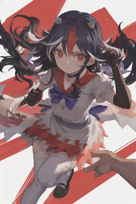 girl girl <lora:seijaKijin_seijaKijin:1>, masterpiece, best quality, 1girl, solo, solo focus, (((kijin seija))), horns, red eyes, multicolored hair, (black hair), streaked hair, short hair, red hair, white hair, dress, bow, jewelry, bracelet, white dress, blue bow, puffy short sleeves, puffy sleeves, bowtie, blue bowtie, short sleeves, arrow \(symbol\), white shirt, blue sash, purple bowtie, purple bow, buttons, ribbon trim, multicolored clothes, sash, sailor collar, red sailor collar, flat chest, skinny waist, petite, skinny, thighhighs, elbow gloves, choker, glasses, pose,
