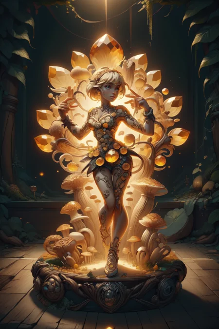 breathtaking 1girl, full shot, full body, <lora:ral-mushroomz:1> mushroomz <lora:citrine-style-darquelilly-v1:1> citrinegemstyle, masterpiece, award-winning, professional, highly detailed, low key lighting, chiaroscuro lighting