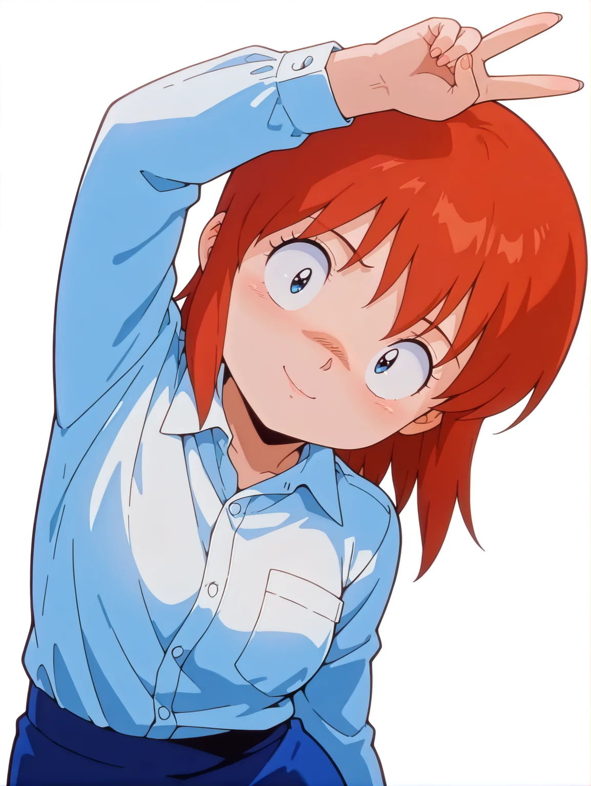 masterpiece, best quality, amazing quality, absurdres, newest, dynamic_angle, defined facial features, white background,
<lora:4in1_OMAN-AWAKE_ILv1a:0.8> oman-redhead, white collared shirt, blue skirt, looking at viewer, head tilt, cute pose, v:1.5, looking at viewer, anime screencap, aged up:1.8 medium breasts, mature female:1.2, tall female, smile, happy