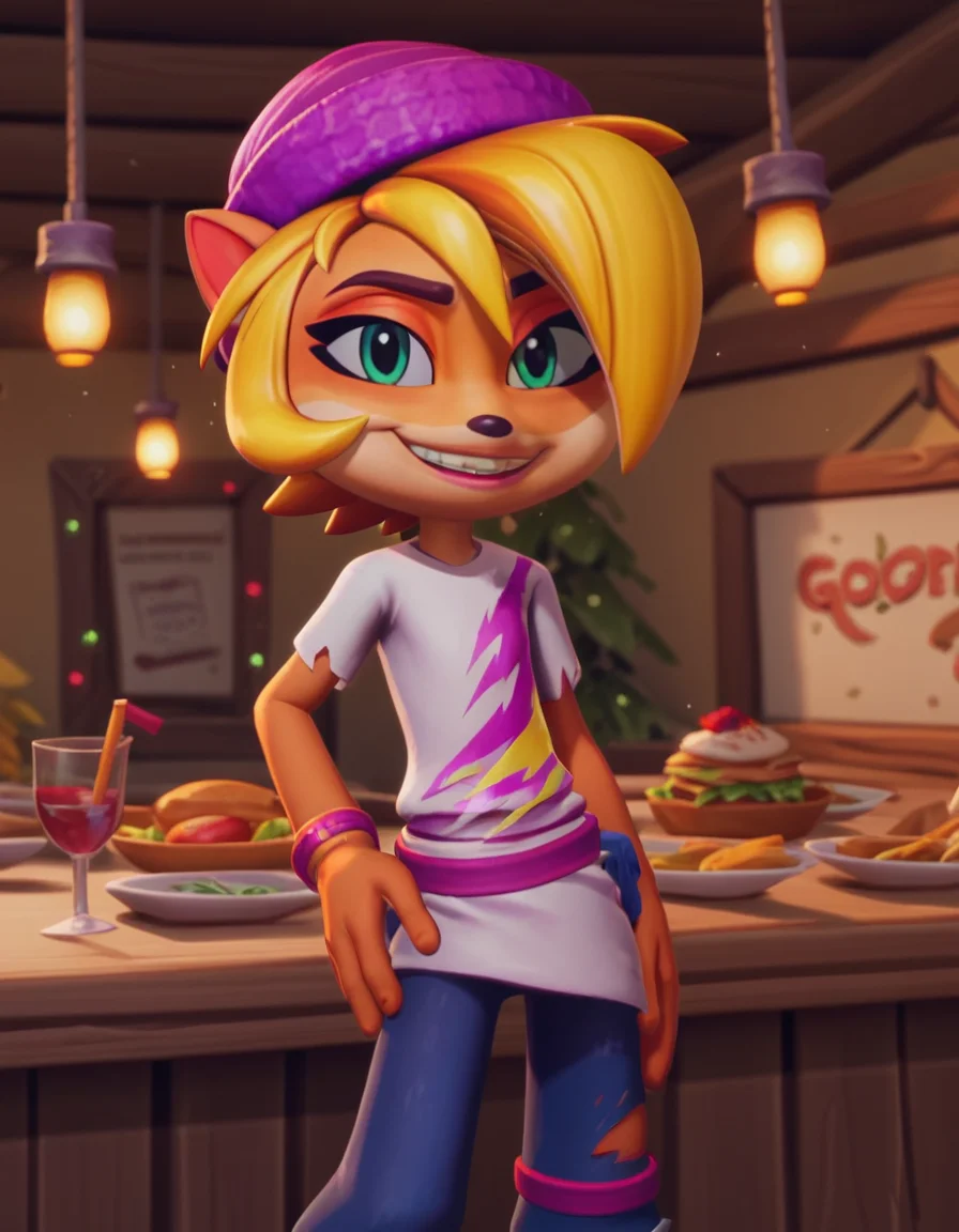 score_9, score_8_up, score_7_up, source_anime, <lora:coco-bandicoot-totally-tubular-ingame4-ponyxl-lora-nochekaiser:1>, coco bandicoot, short hair, blonde hair, green eyes, pointy ears, furry,, shirt, hat, torn clothes, striped shirt, pants, restaurant, laughter, good food, warm lighting, celebration, smile, looking at viewer, smug, hand on hips,, solo,, cowboy shot, dutch angle,
