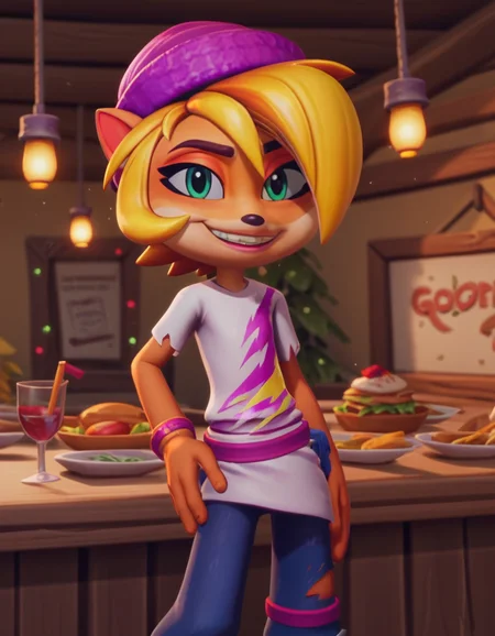score_9, score_8_up, score_7_up, source_anime, <lora:coco-bandicoot-totally-tubular-ingame4-ponyxl-lora-nochekaiser:1>, coco bandicoot, short hair, blonde hair, green eyes, pointy ears, furry,, shirt, hat, torn clothes, striped shirt, pants, restaurant, laughter, good food, warm lighting, celebration, smile, looking at viewer, smug, hand on hips,, solo,, cowboy shot, dutch angle,